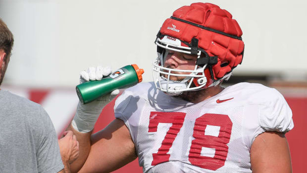 Razorbacks' offensive lineman Joshua Braun at practice outside Tuesday
